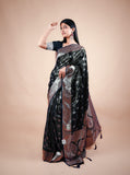 Blue Black Satin Silk Banarasi Saree