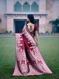 Plain Saree With Temple Border Mehroon Color, Banarasi Silk Saree