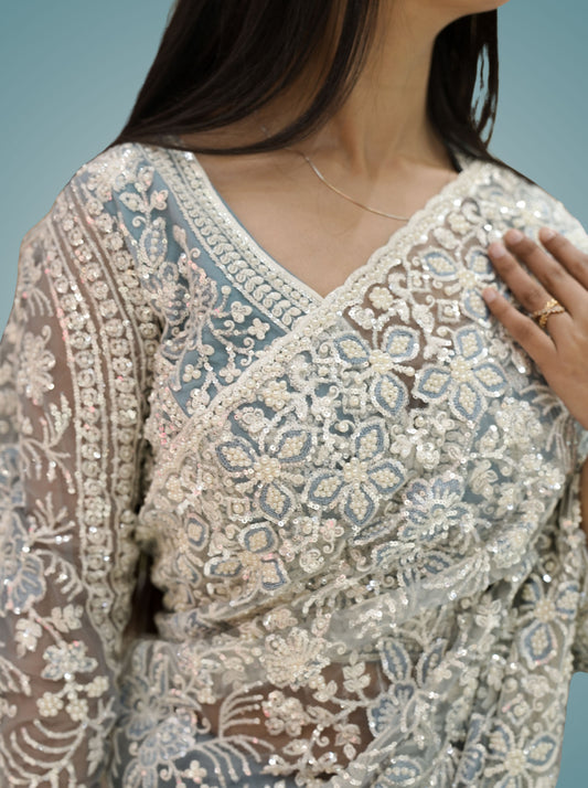 Stitched Full Sleeve Blouse Sky Mist Party Wear Saree