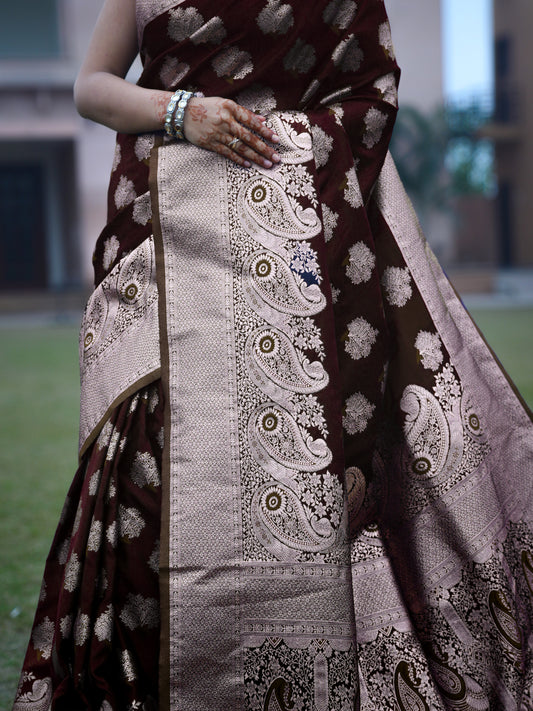 Satin Silk Mehroon Color with Panel Weaving