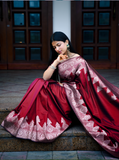 Plain Saree With Temple Border Mehroon Color, Banarasi Silk Saree