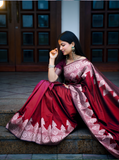 Plain Saree With Temple Border Mehroon Color, Banarasi Silk Saree