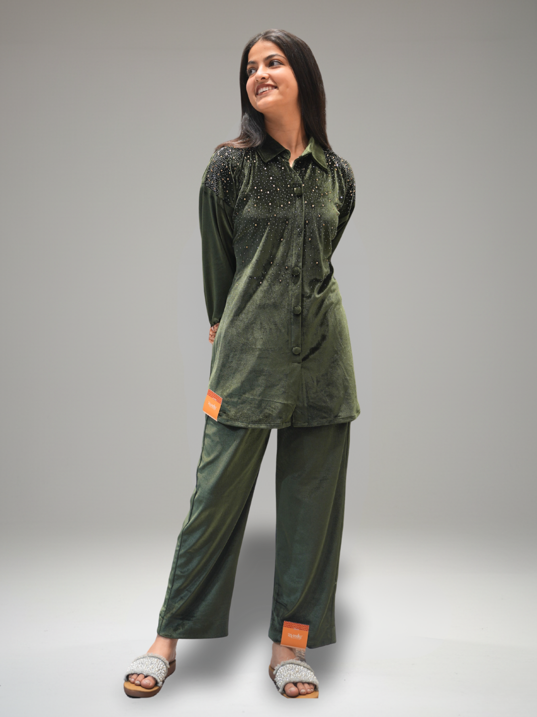 Mehandi Green Lycra Velvet Co-ord Set With Seroski Work
