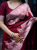 Plain Saree With Temple Border Mehroon Color, Banarasi Silk Saree