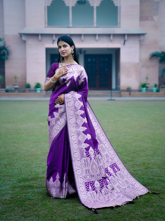 Plain Saree With Temple Border Wine Color, Banarasi Silk Saree