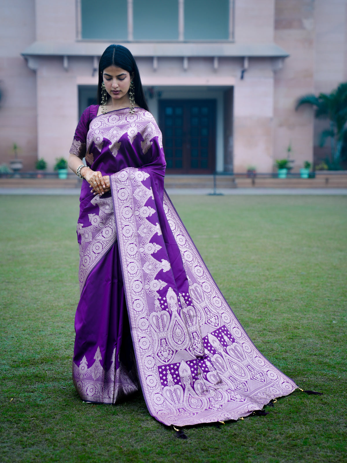 Plain Saree With Temple Border Wine Color, Banarasi Silk Saree