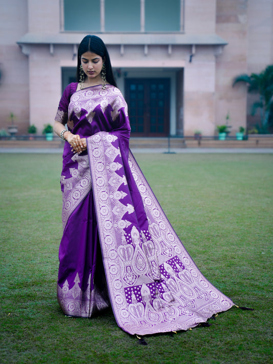 Plain Saree With Temple Border Wine Color, Banarasi Silk Saree