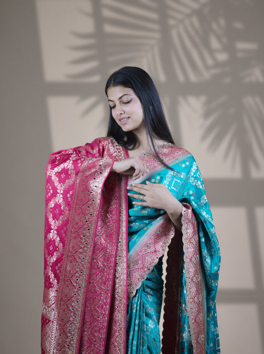 Firozi Color Designer Dupatta Paired Saree with Blouse Piece