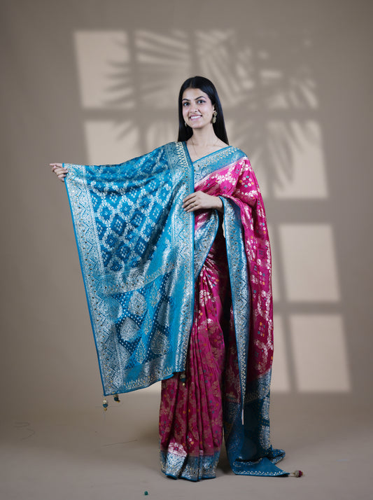 Rani Color Designer Dupatta Paired Saree with Blouse Piece