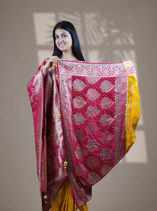 Yellow Color Designer Dupatta Paired Saree with Blouse Piece