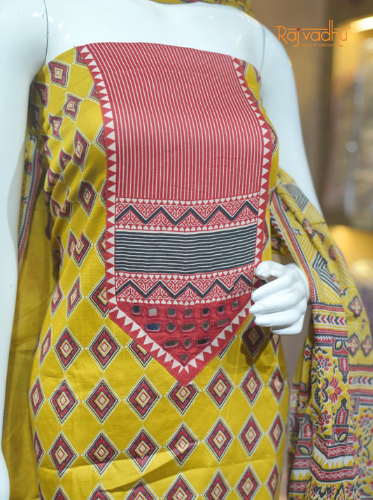 Yellow Unstitched Cotton Suits with Pattern Work