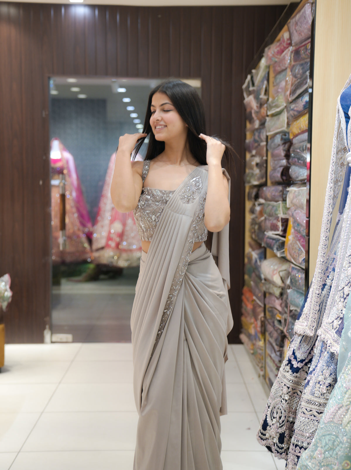 Champagne Glow Pre-Draped Designer Saree