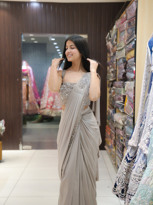 Champagne Glow Pre-Draped Designer Saree