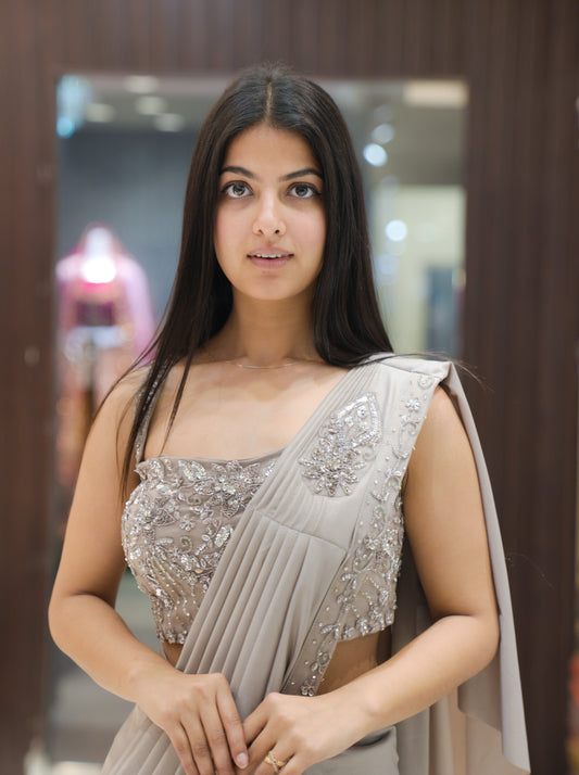 Champagne Glow Pre-Draped Designer Saree