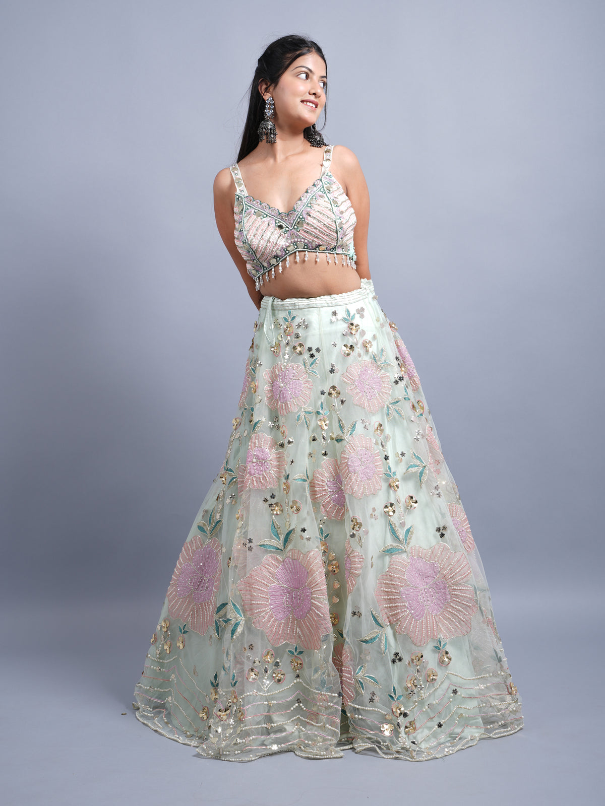 PISTA GREEN NET FABRIC APLIC WITH HANDWORK MEHANDI & PARTY WEAR LEHENGA