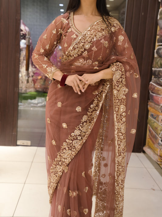 Stitched Blouse Soft Net Party Wear Saree