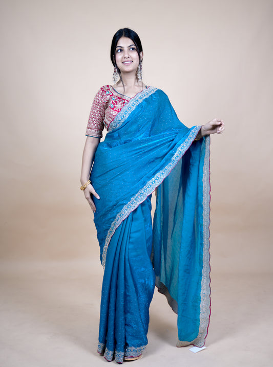 Sparkle Edition Stitched Blouse Saree – Blue