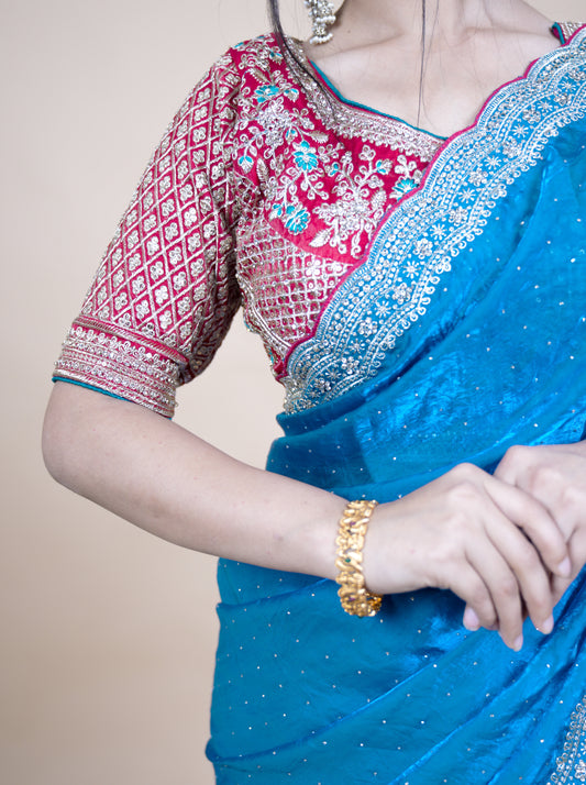 Sparkle Edition Stitched Blouse Saree – Blue