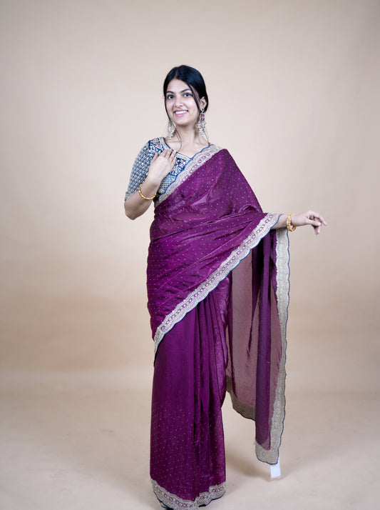 Sparkle Edition Stitched Blouse Saree – Purple