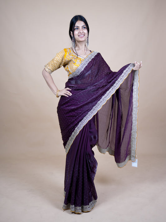 Sparkle Edition Stitched Blouse Saree – Wine