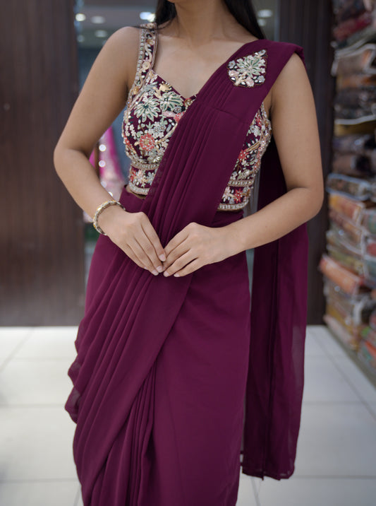 Designer Ready-to-Wear Saree - Mehroon