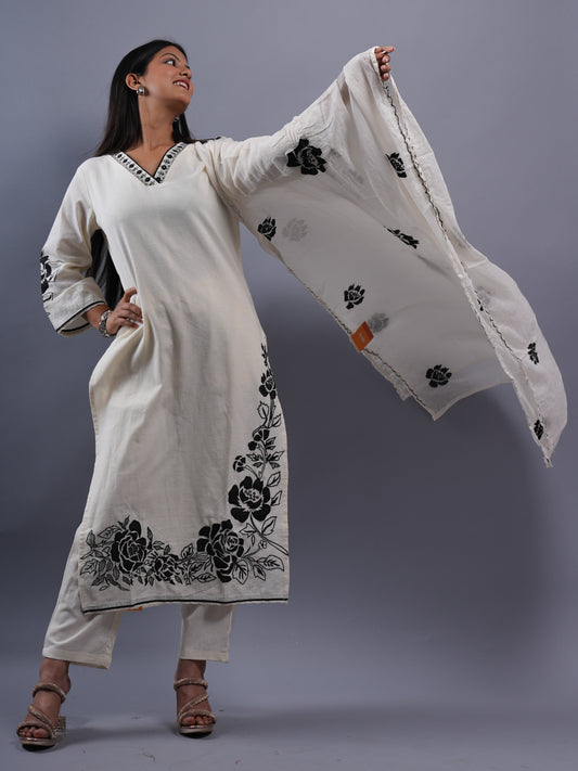 WHITE V NECK WITH EMBROIDERY 3 PCS SET