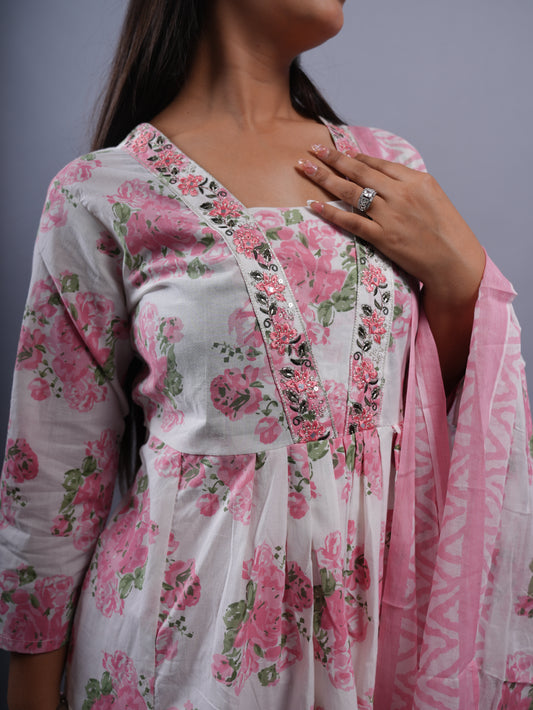 WHITE FLORAL V NECK | A LINE 3 PCS SET