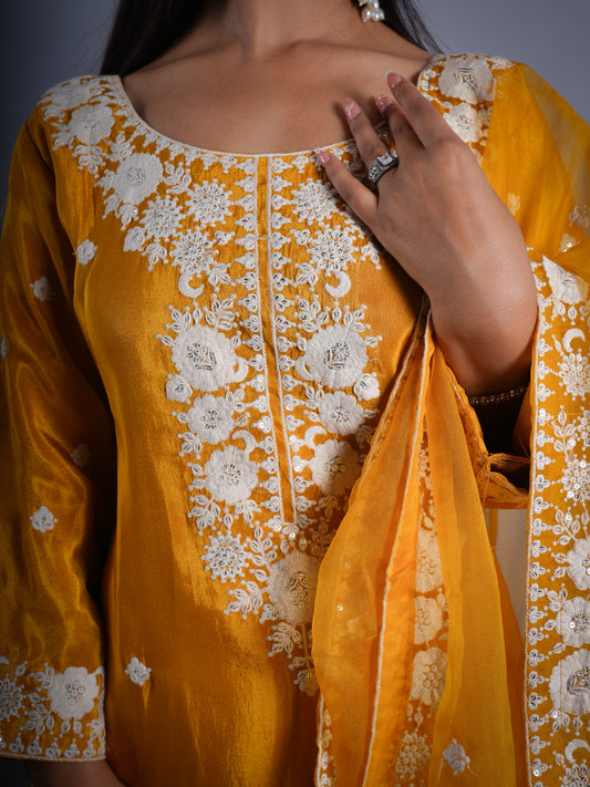 YELLOW PARTY & HALDI WEAR EMBROIDED WITH PLAZZO 3 PCS SET