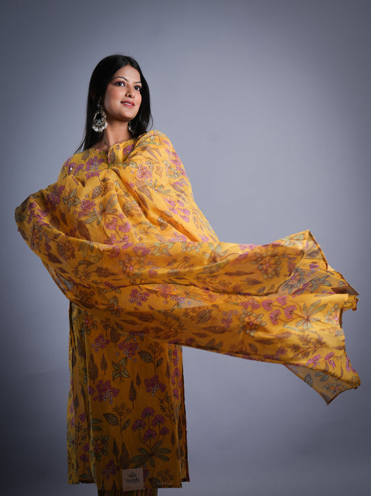 YELLOW COTTON FLORAL A LINE 3 PCS SET