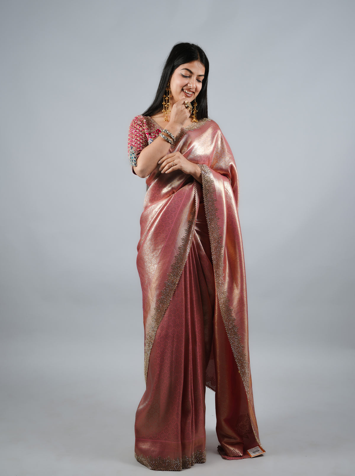 Hot Pink Kumudh Silk Saree With Beads Work With Stitch Blouse