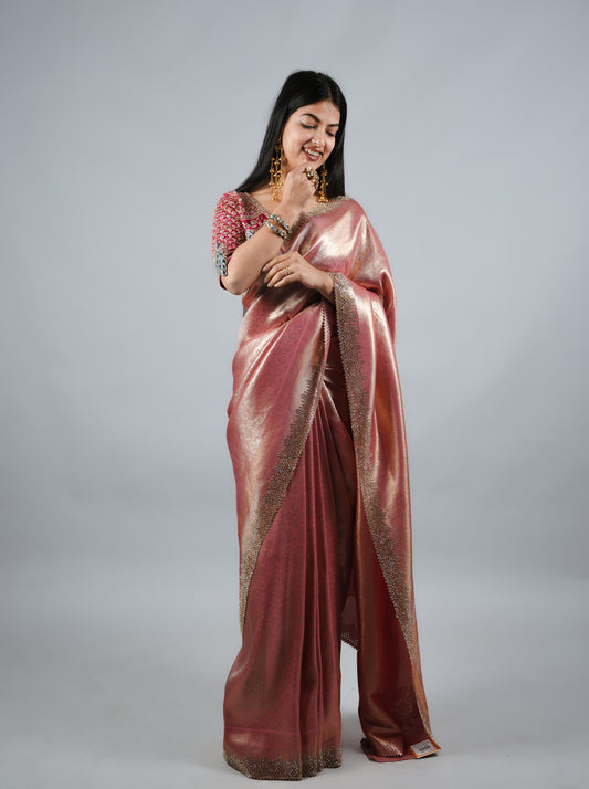 Hot Pink Kumudh Silk Saree With Beads Work With Stitch Blouse
