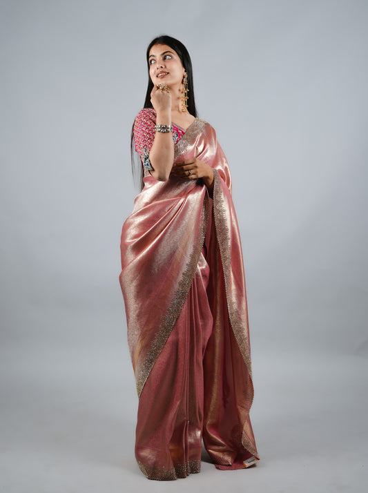 Hot Pink Kumudh Silk Saree With Beads Work With Stitch Blouse