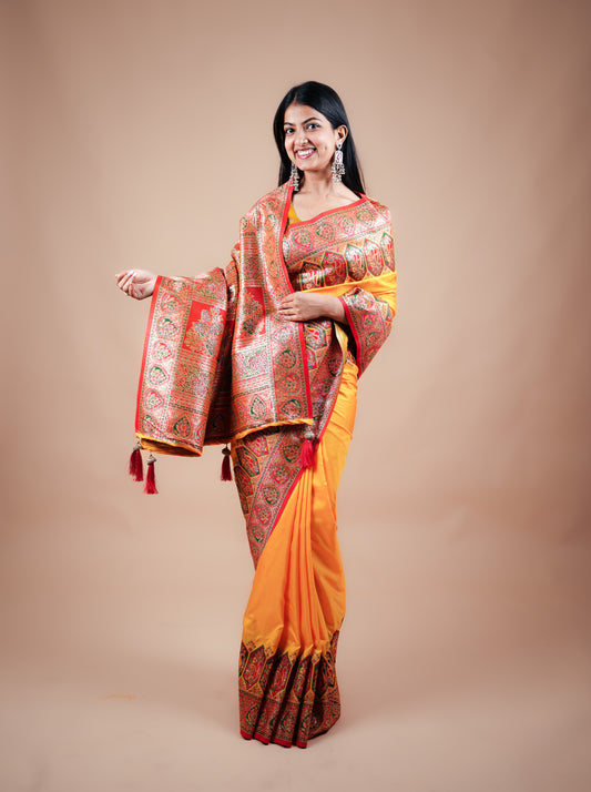Yellow Position Taste Banarasi Saree with Heavy Serosky