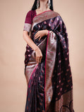 Mehroon Black Satin Silk Banarasi Saree