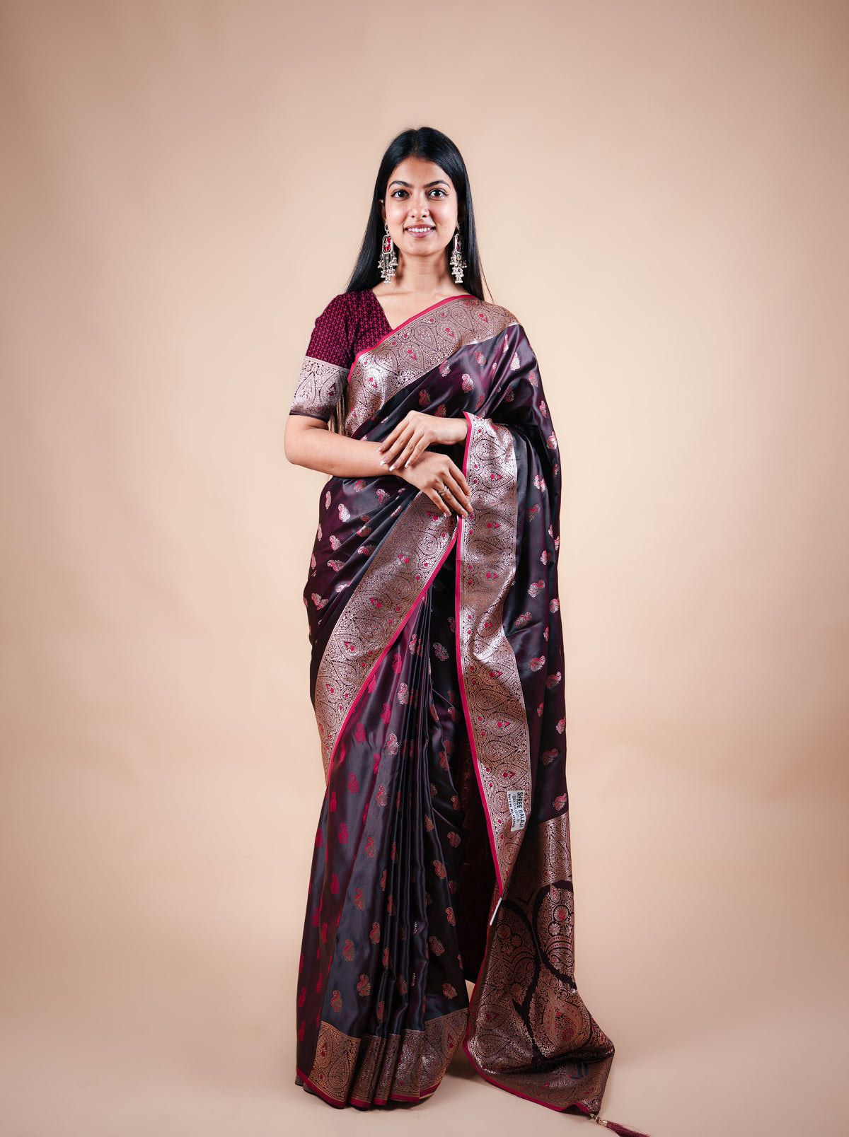 Mehroon Black Satin Silk Banarasi Saree