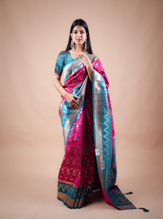 Hot Pink Banarasi Saree with Contrast Border, Pallu and Blouse