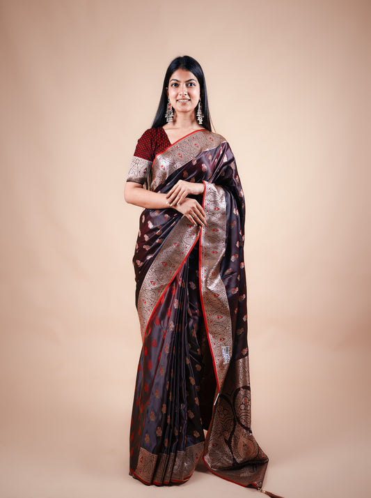 Wine Black Satin Silk Banarasi Saree