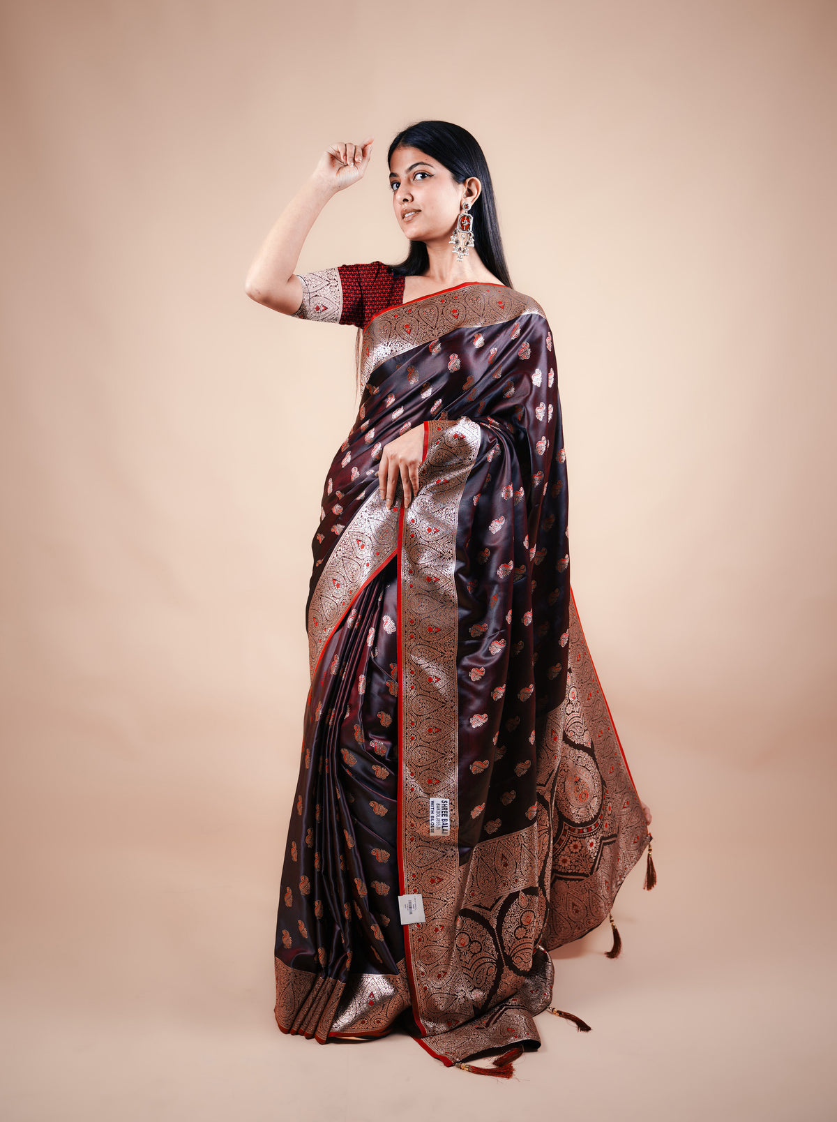 Wine Black Satin Silk Banarasi Saree